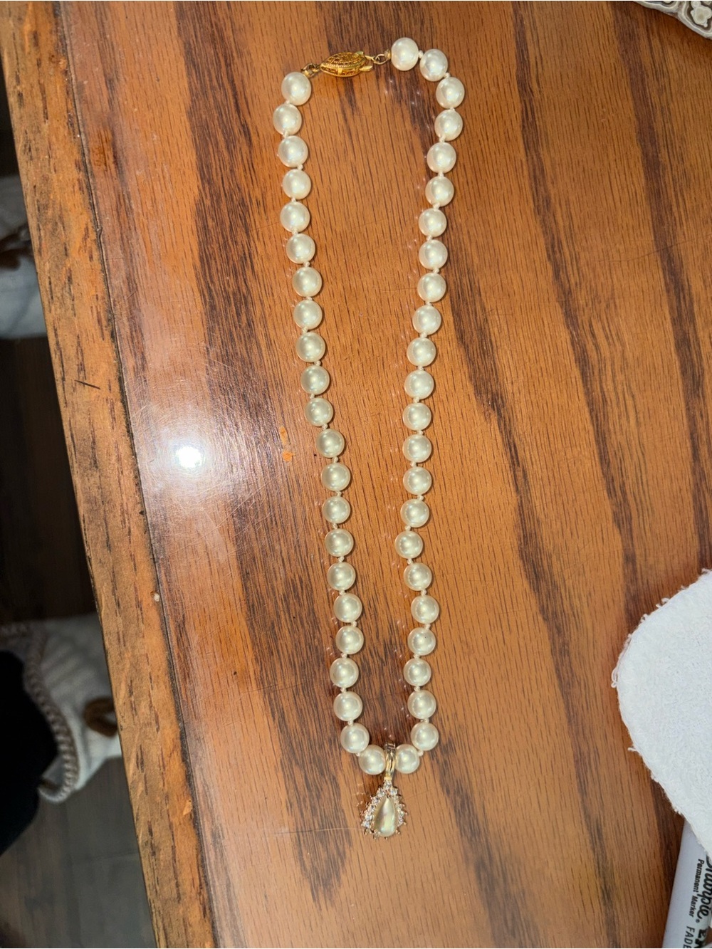 Gold-Accented white Pearl Necklace with Teardrop Pendant 9 1/4 inches